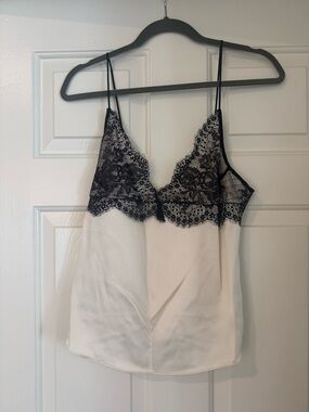 Zara Black Lace Trim Cream Satin Tank Top